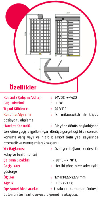 T 2500 D Üç Kollu Single Boy Turnike Sistemi